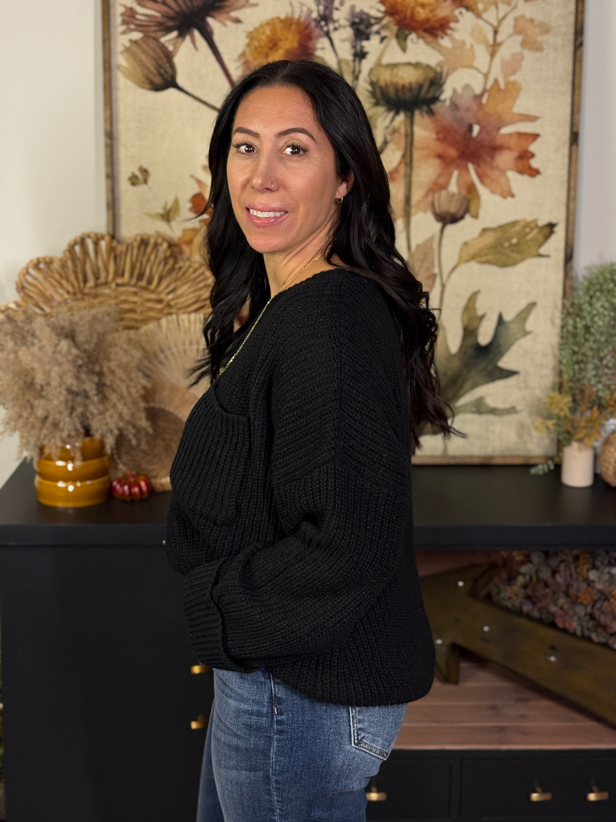 Black Chunky Knit 3/4 Sleeve Sweater