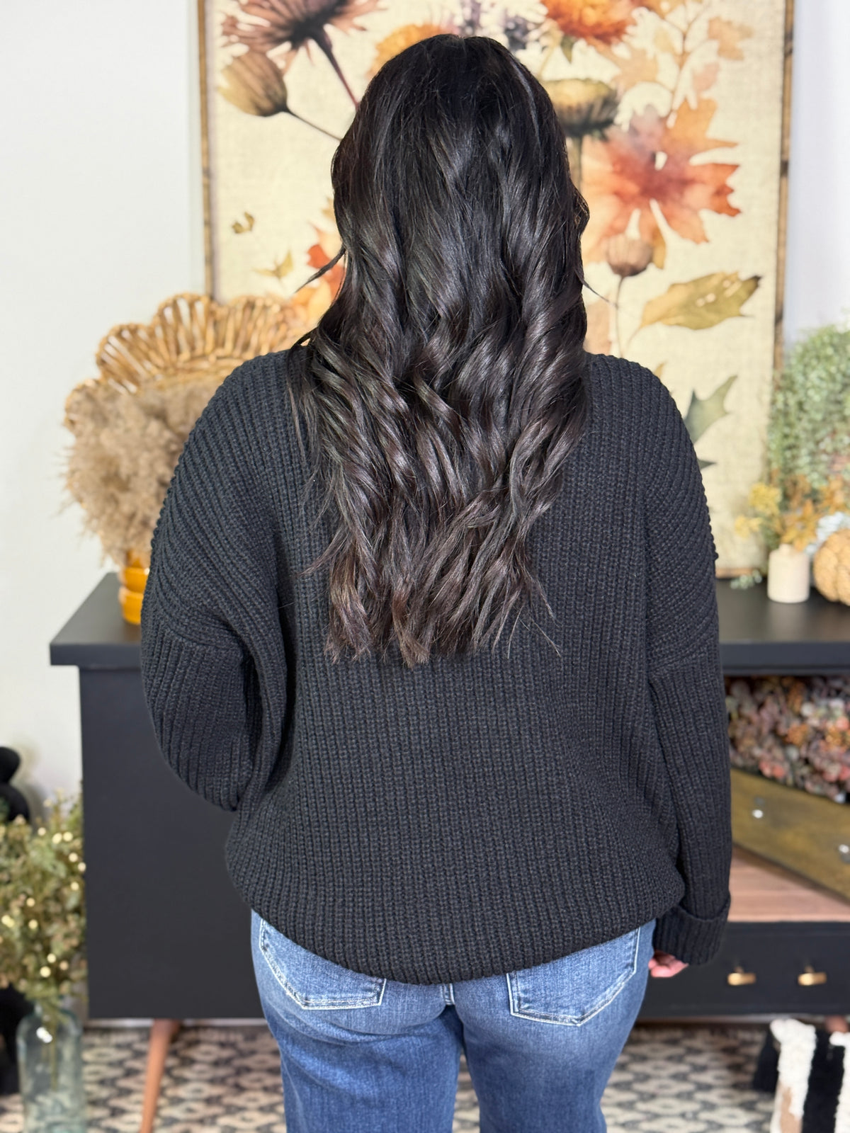 Black Chunky Knit 3/4 Sleeve Sweater