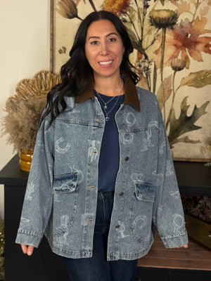 Denim Western Print Jacket with Corduroy Detail