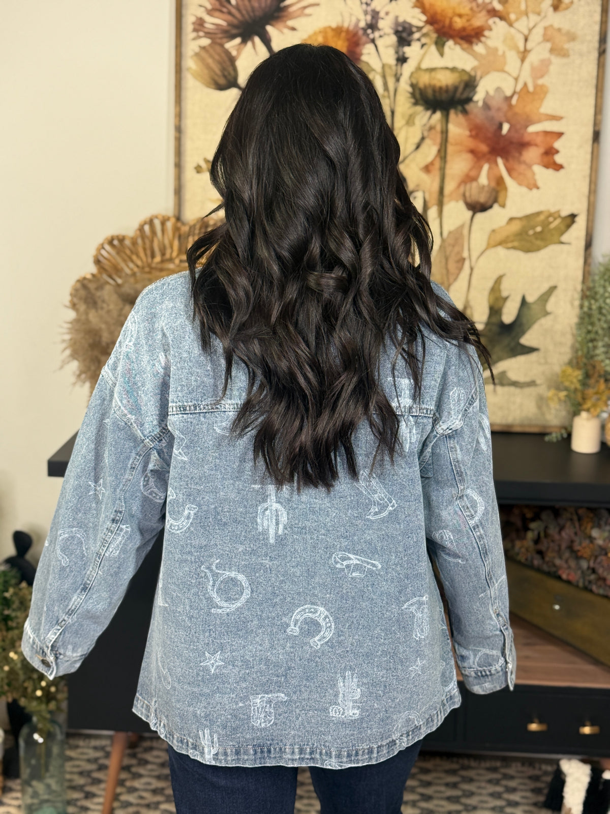 Denim Western Print Jacket with Corduroy Detail