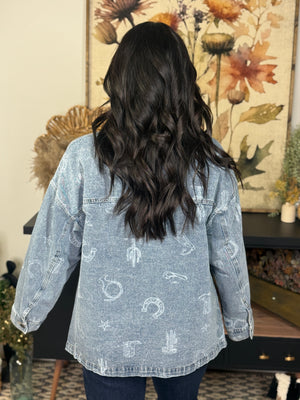 Denim Western Print Jacket with Corduroy Detail