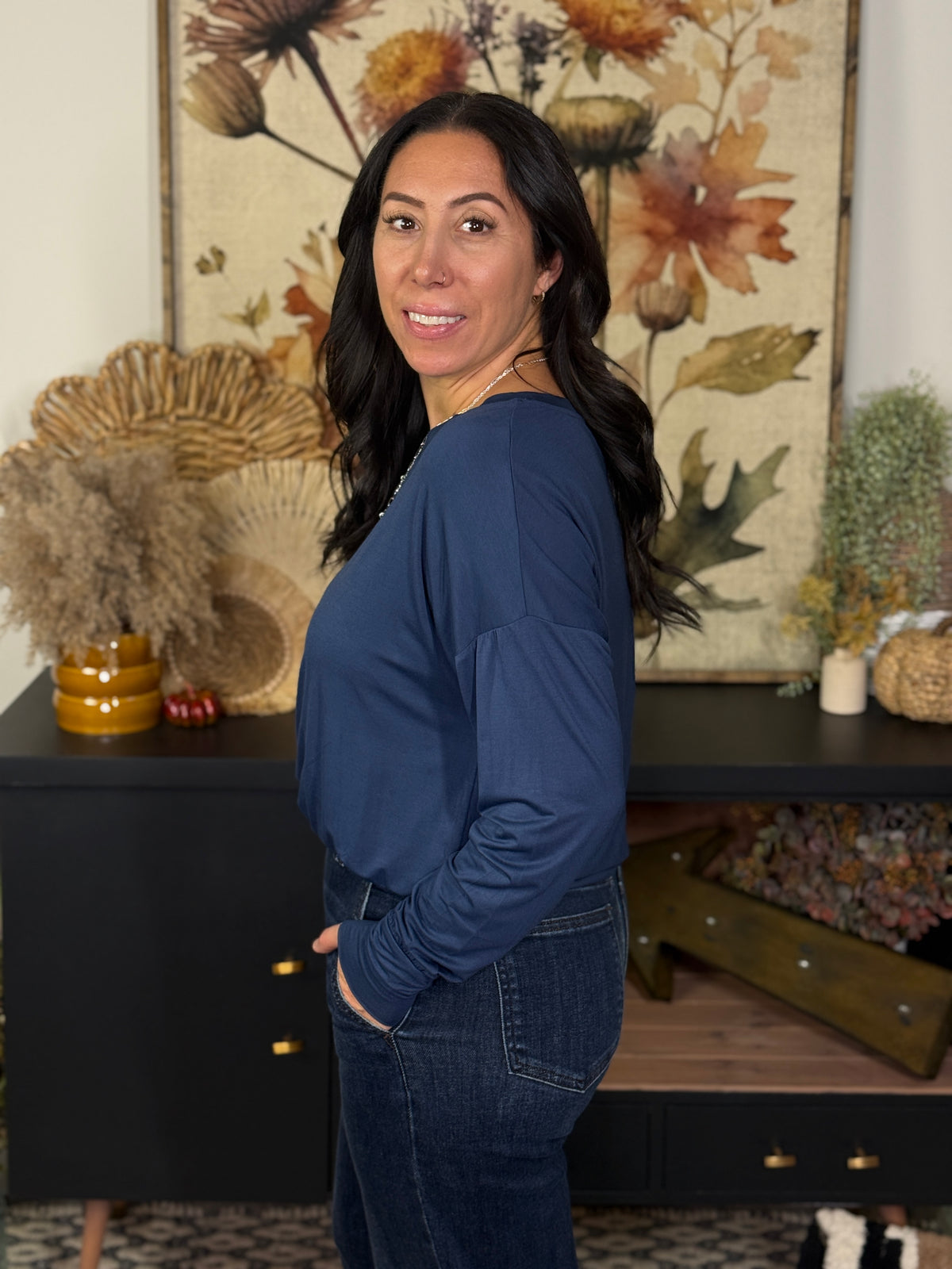 Bamboo Bubble Hem Top - Navy (Small - 3X)
