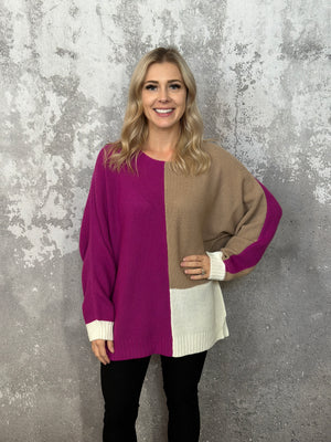 Colorblock Sweater Fuchsia/Tan/Ivory (Small - 3X)
