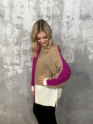 Colorblock Sweater Fuchsia/Tan/Ivory (Small - 3X)