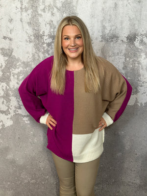Colorblock Sweater Fuchsia/Tan/Ivory (Small - 3X)