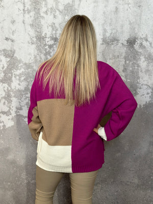 Colorblock Sweater Fuchsia/Tan/Ivory (Small - 3X)