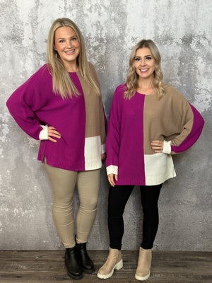 Colorblock Sweater Fuchsia/Tan/Ivory (Small - 3X)