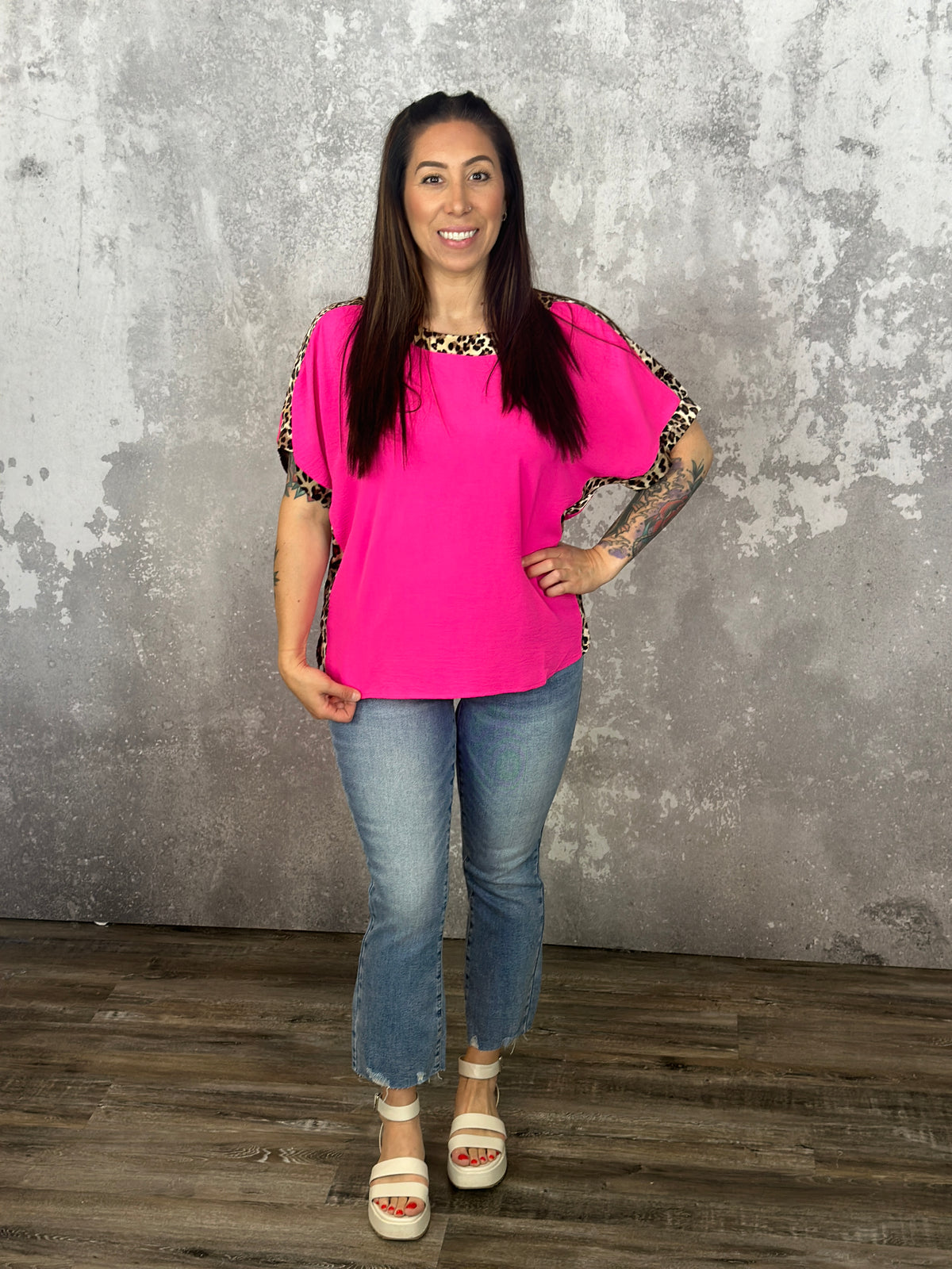 Pink Short Sleeve Top with Leopard Trim