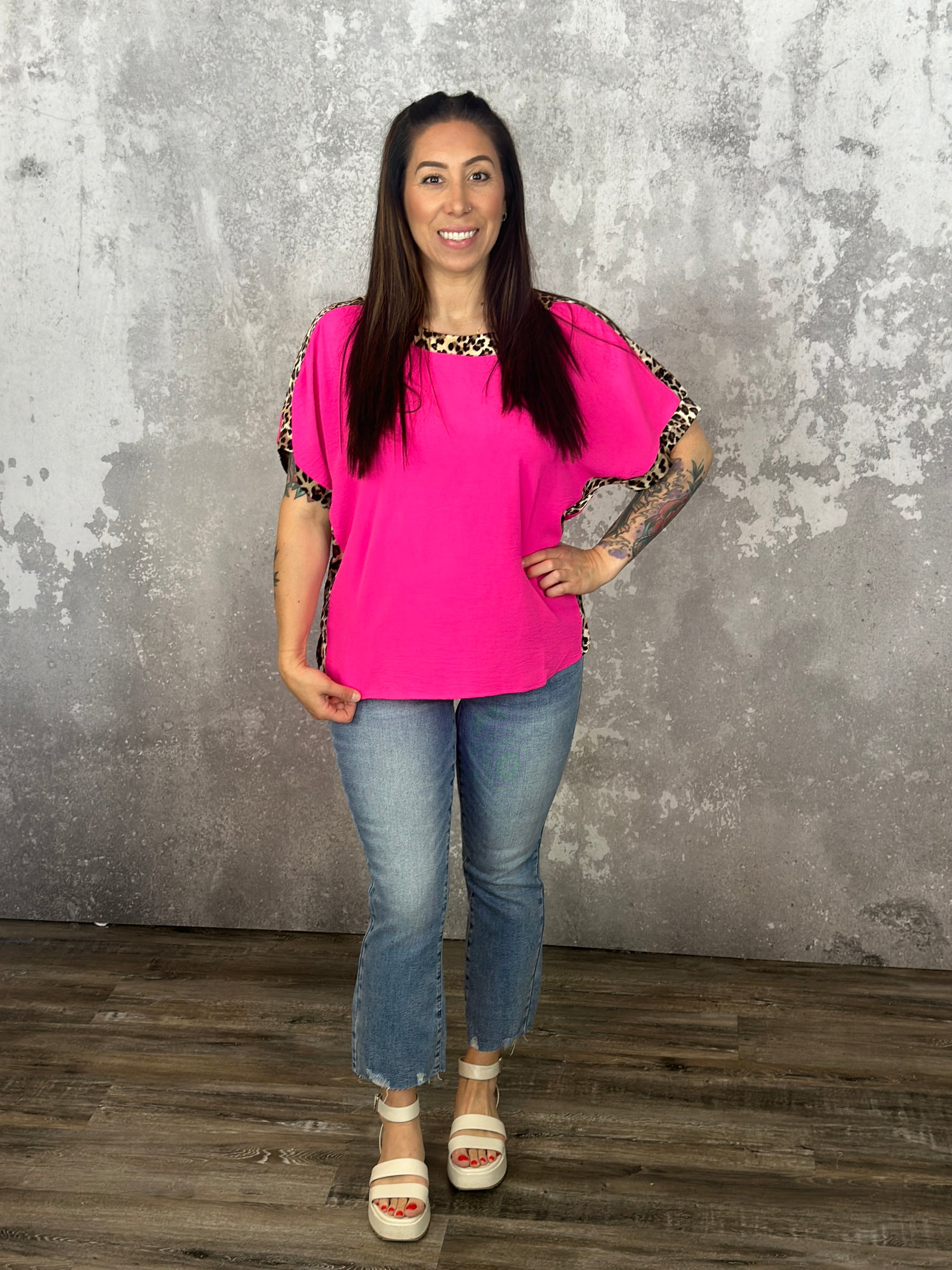 Pink Short Sleeve Top with Leopard Trim