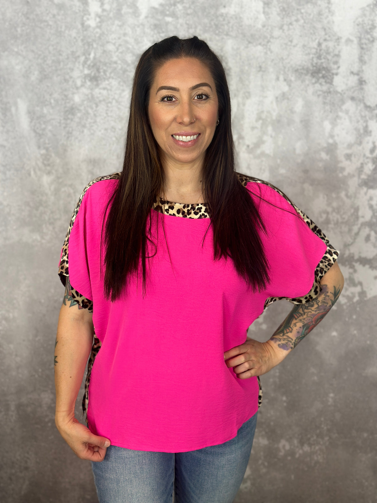 Pink Short Sleeve Top with Leopard Trim