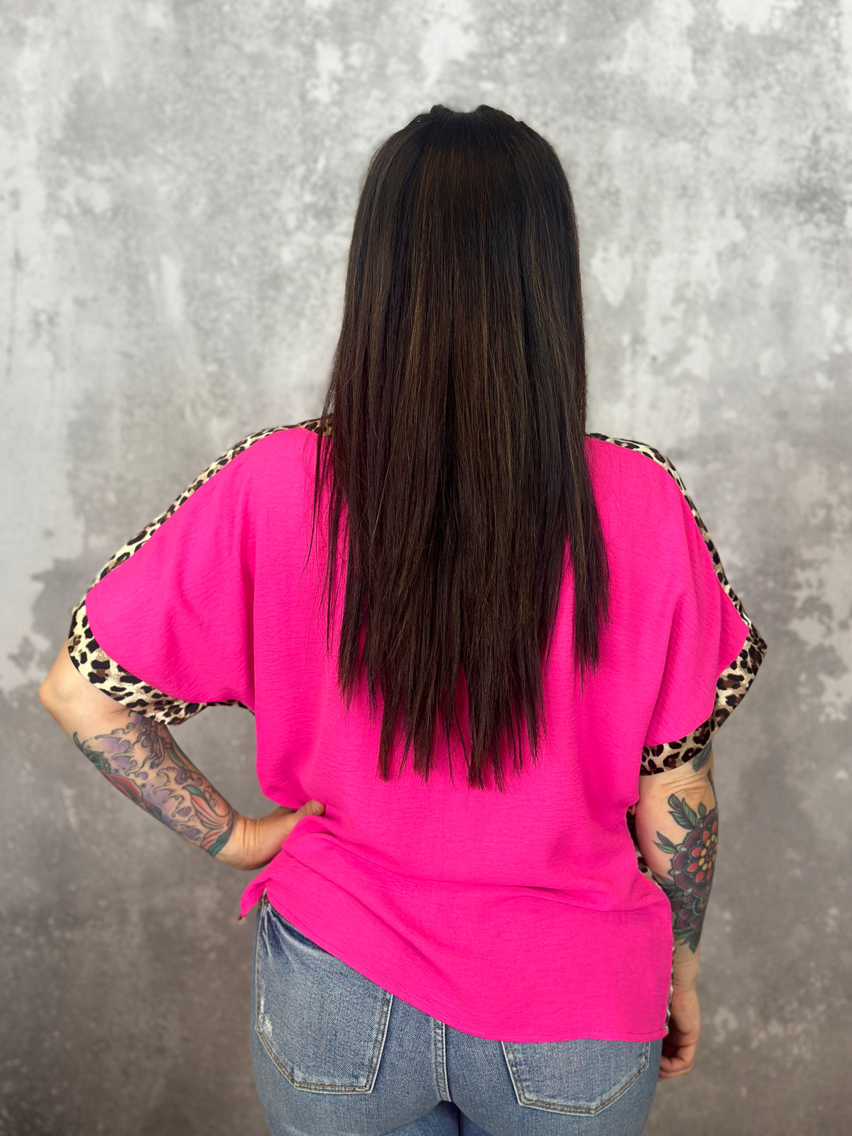 Pink Short Sleeve Top with Leopard Trim