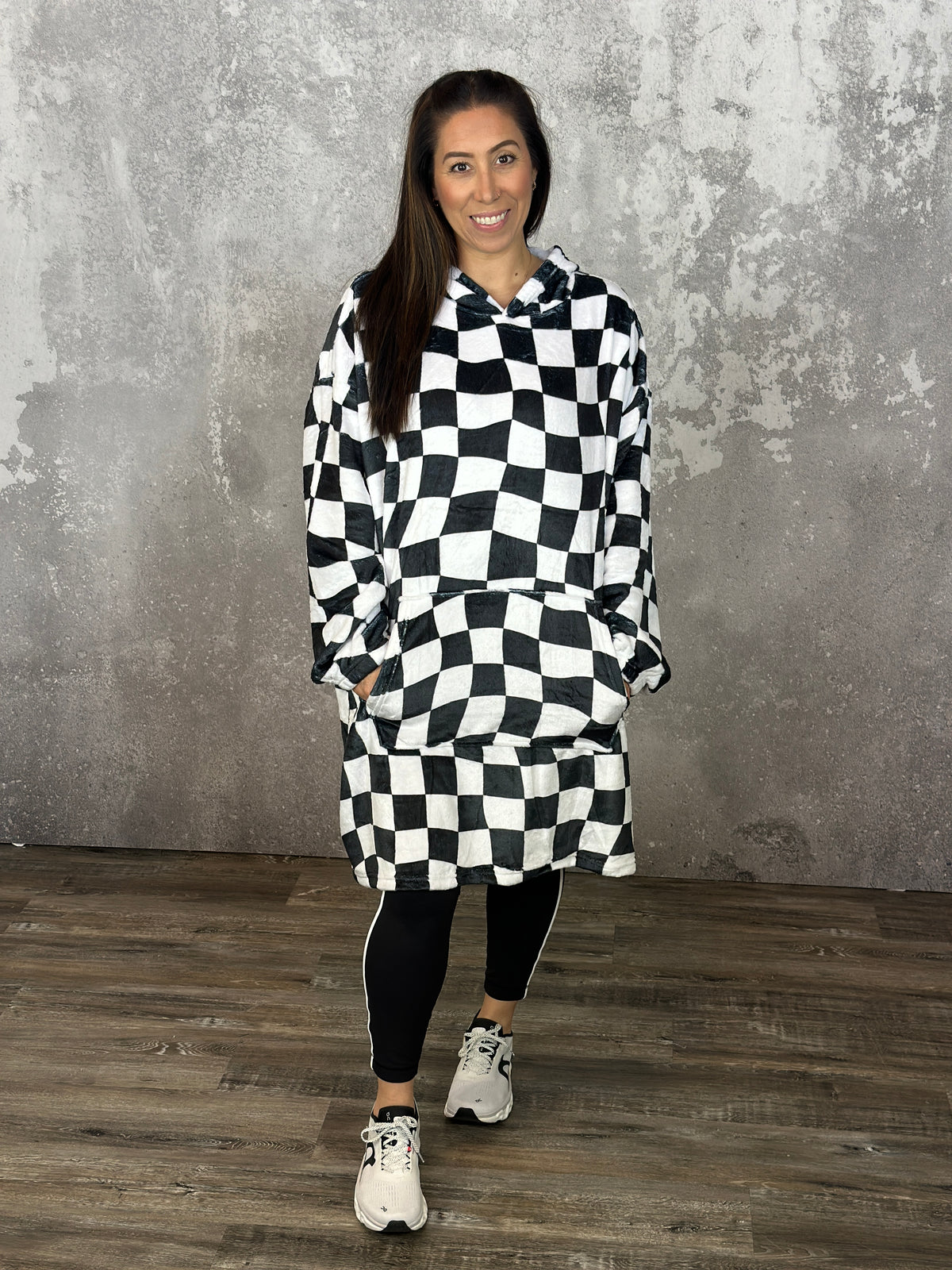 Black and White Checker Gameday Fan Wrap Wearable Blanket
