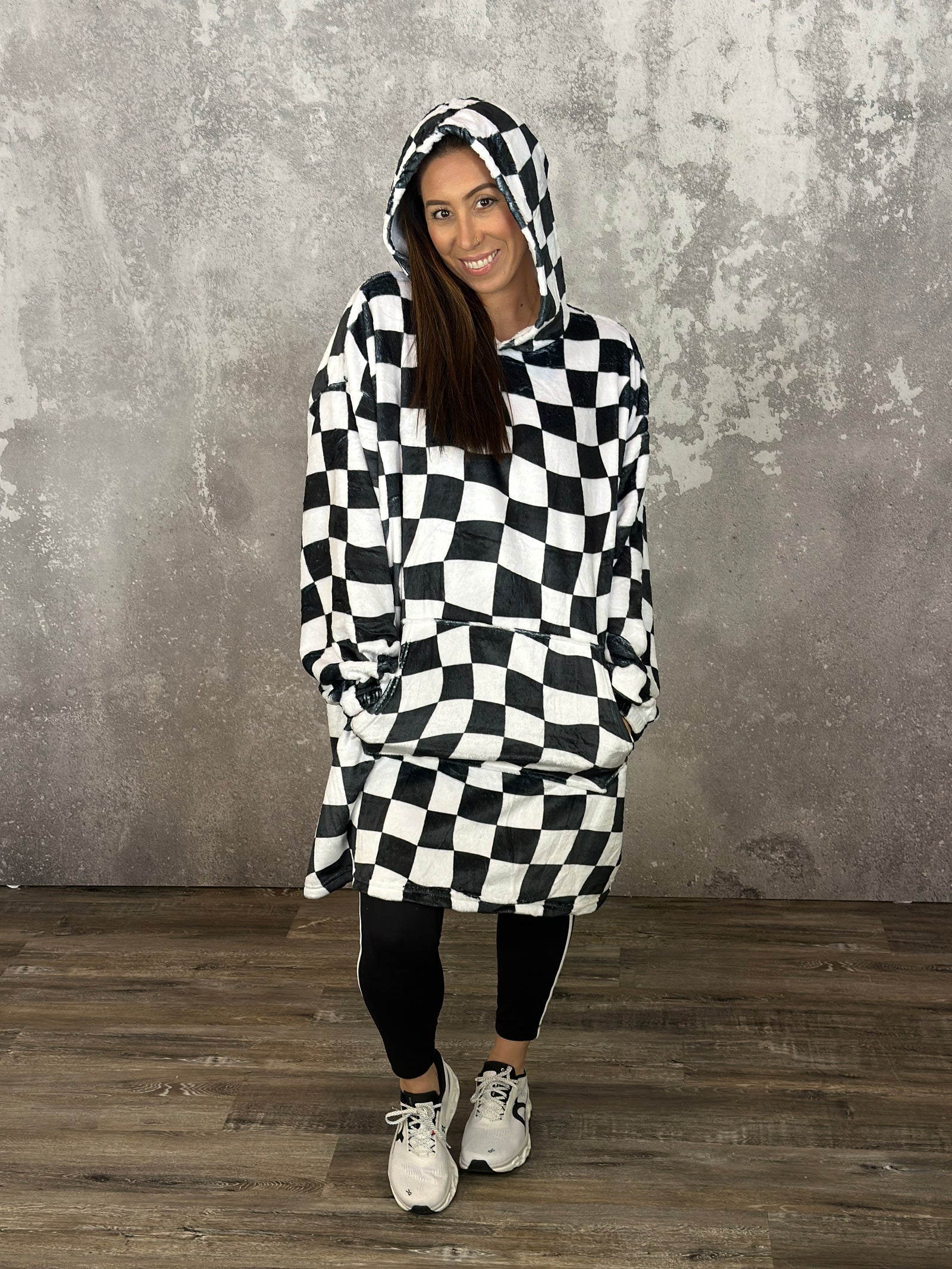 Black and White Checker Gameday Fan Wrap Wearable Blanket