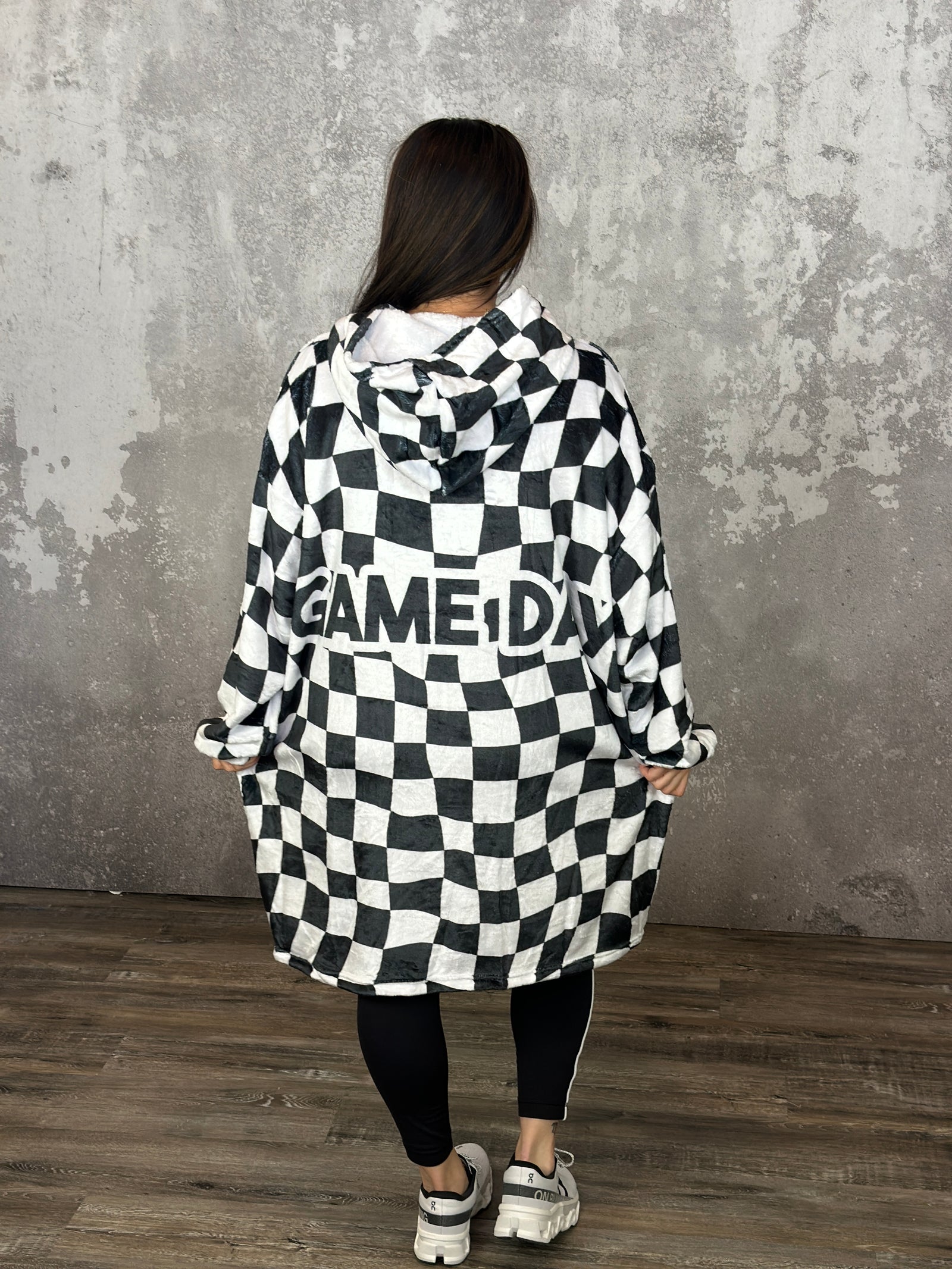 Black and White Checker Gameday Fan Wrap Wearable Blanket