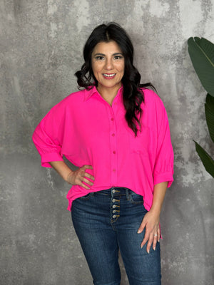 3/4 Sleeve Button Up Pocket AIrflow Top  - Neon Pink - BESTSELLER