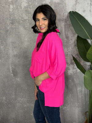 3/4 Sleeve Button Up Pocket AIrflow Top  - Neon Pink - BESTSELLER