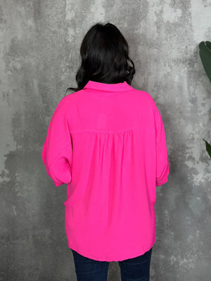 3/4 Sleeve Button Up Pocket AIrflow Top  - Neon Pink (RESTOCKED)