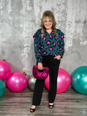 Teal Leopard Ruffle Blouse (Small - 3X) FINAL SALE