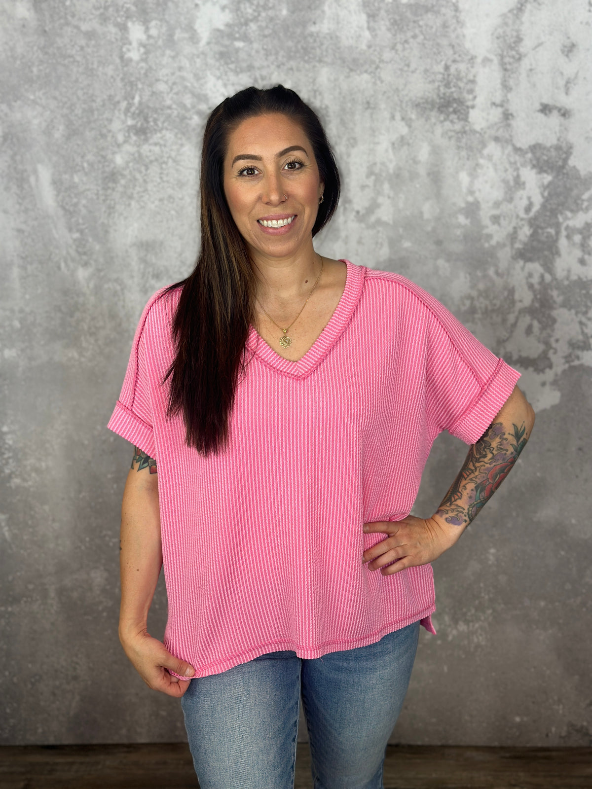 Soft Ribbed Short Sleeve Vneck Top - Pink RESTOCK - FINAL SALE
