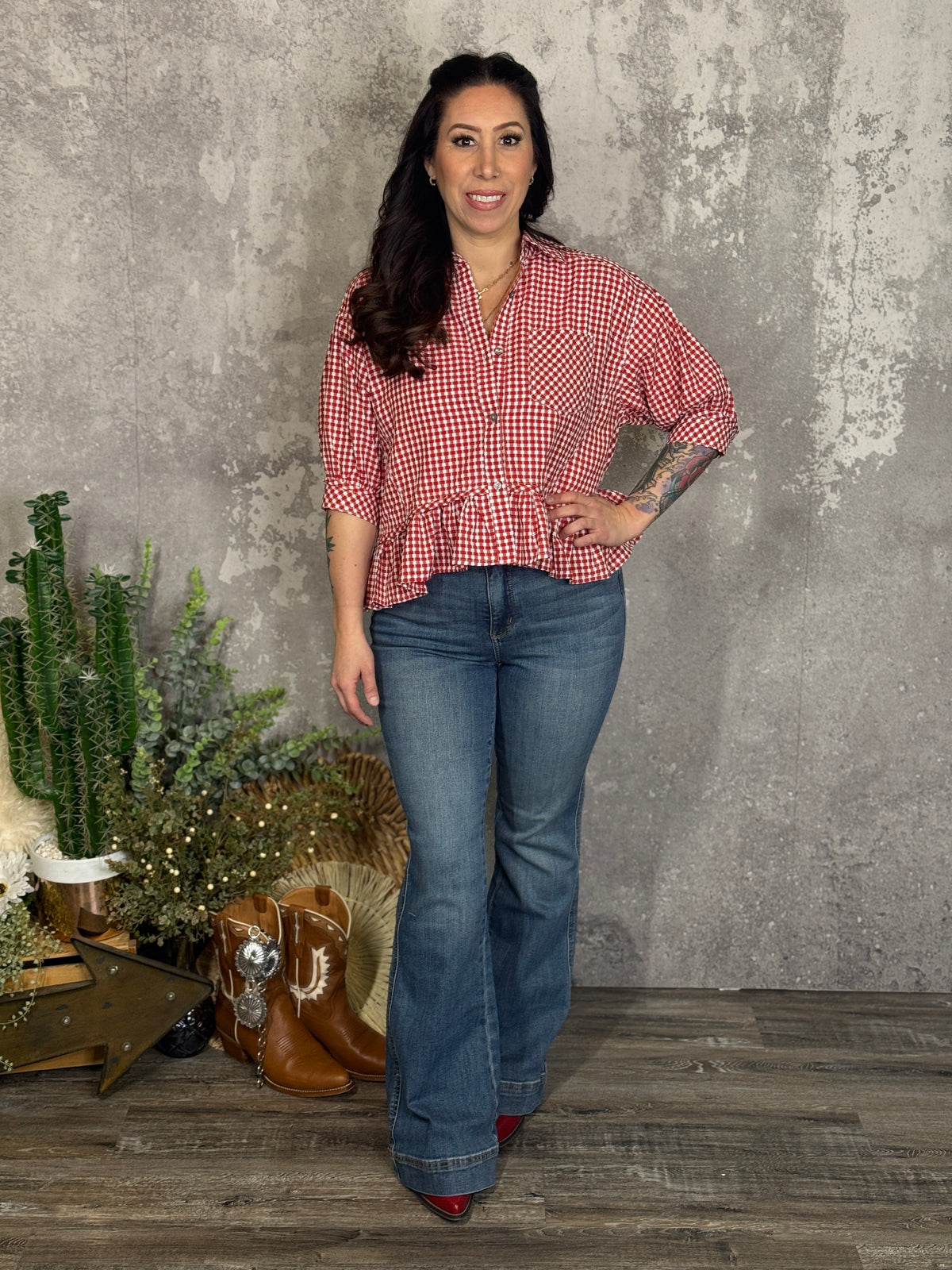 Red Gingham Peplum Top (Small - 2X)
