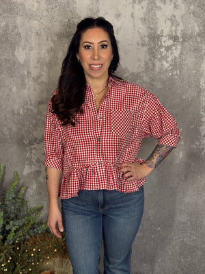 Red Gingham Peplum Top (Small - 2X)