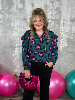 Teal Leopard Ruffle Blouse (Small - 3X) FINAL SALE
