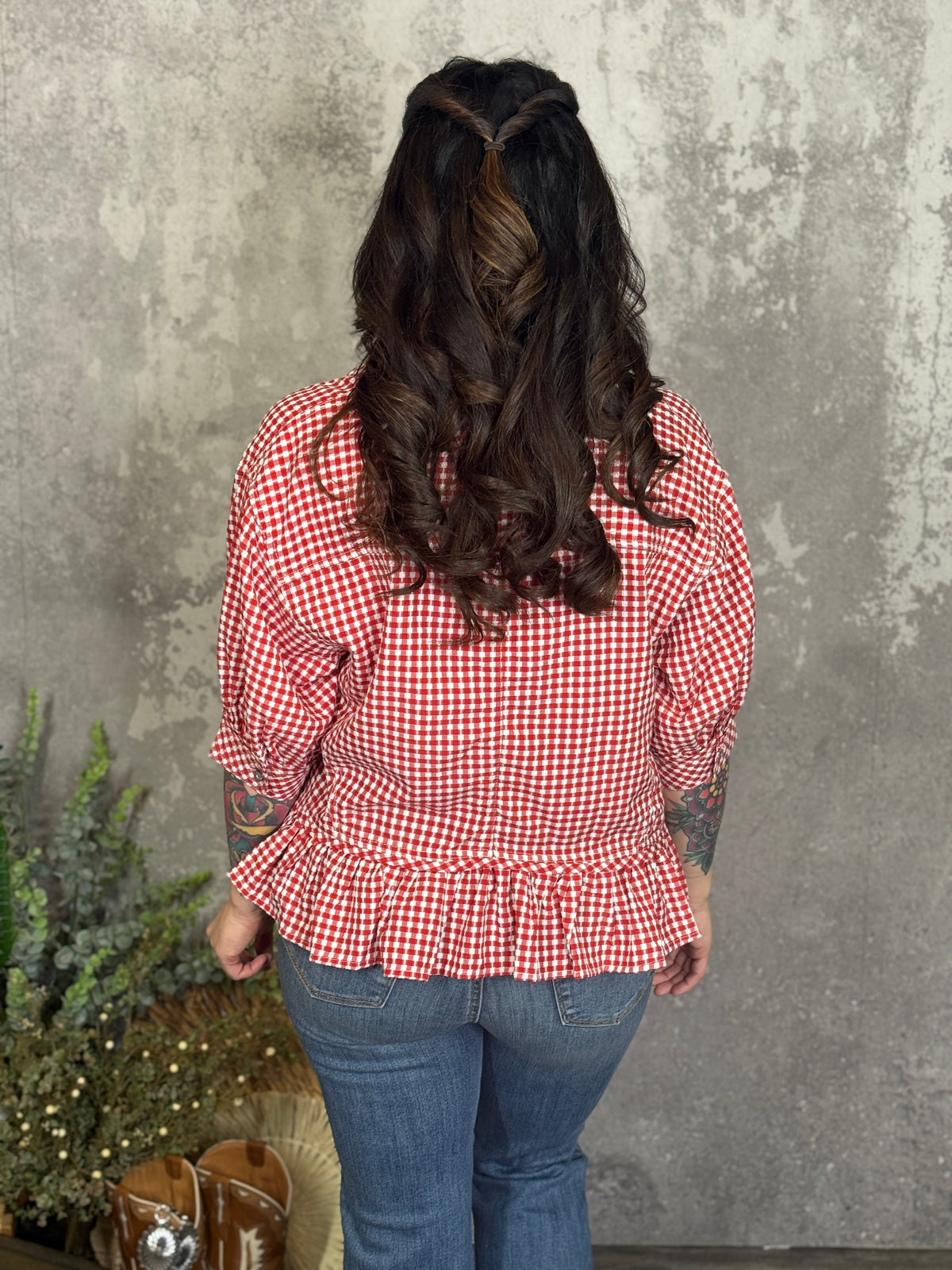 Red Gingham Peplum Top (Small - 2X)