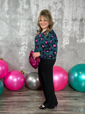 Teal Leopard Ruffle Blouse (Small - 3X) FINAL SALE