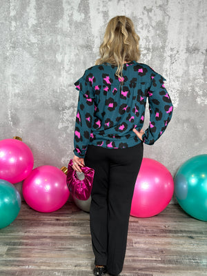 Teal Leopard Ruffle Blouse (Small - 3X) FINAL SALE