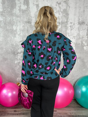Teal Leopard Ruffle Blouse (Small - 3X) FINAL SALE