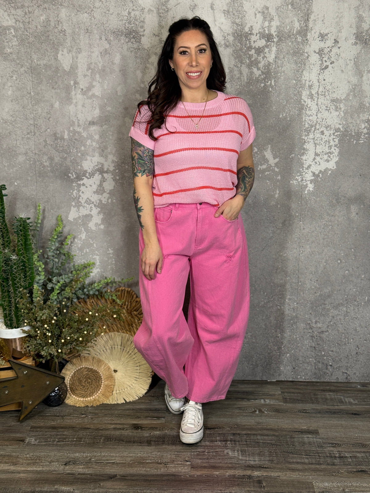 Drop Shoulder Pink Strip Sweater  - (Small - 3X)