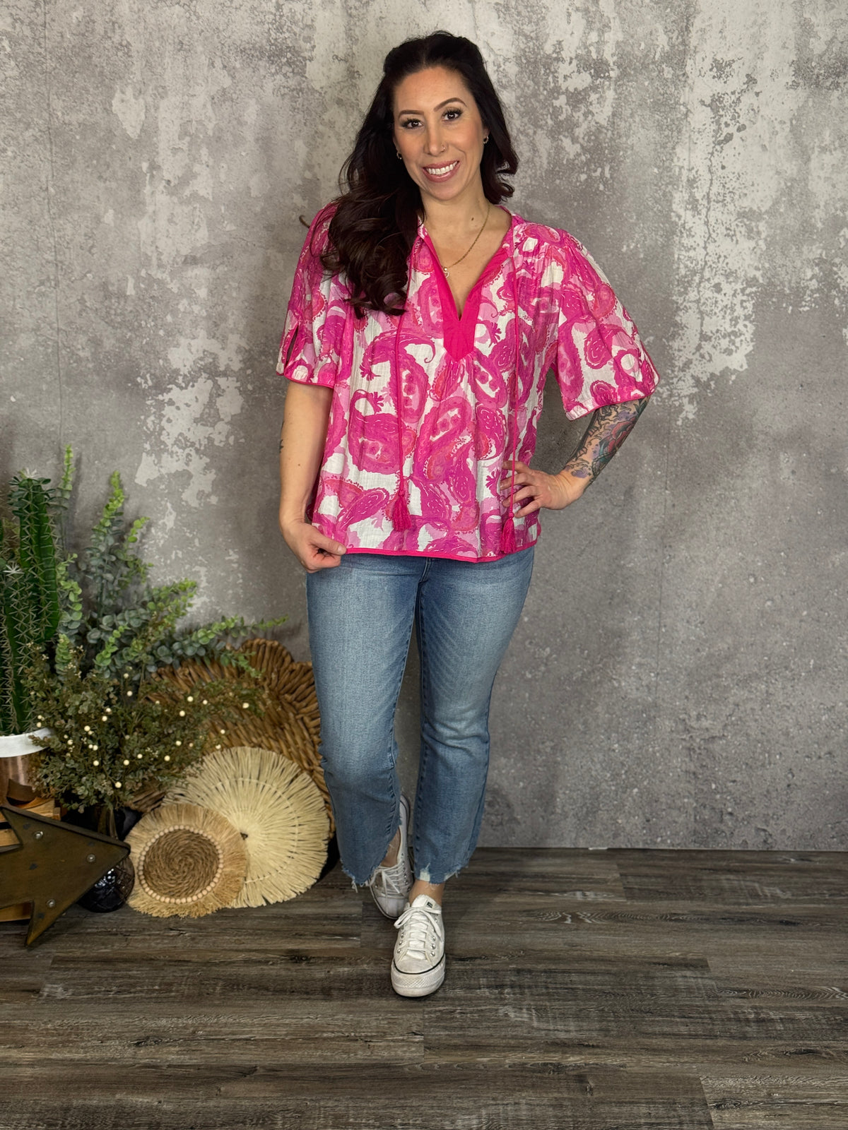 Pink Watercolor Paisly Top (Small - 2X)