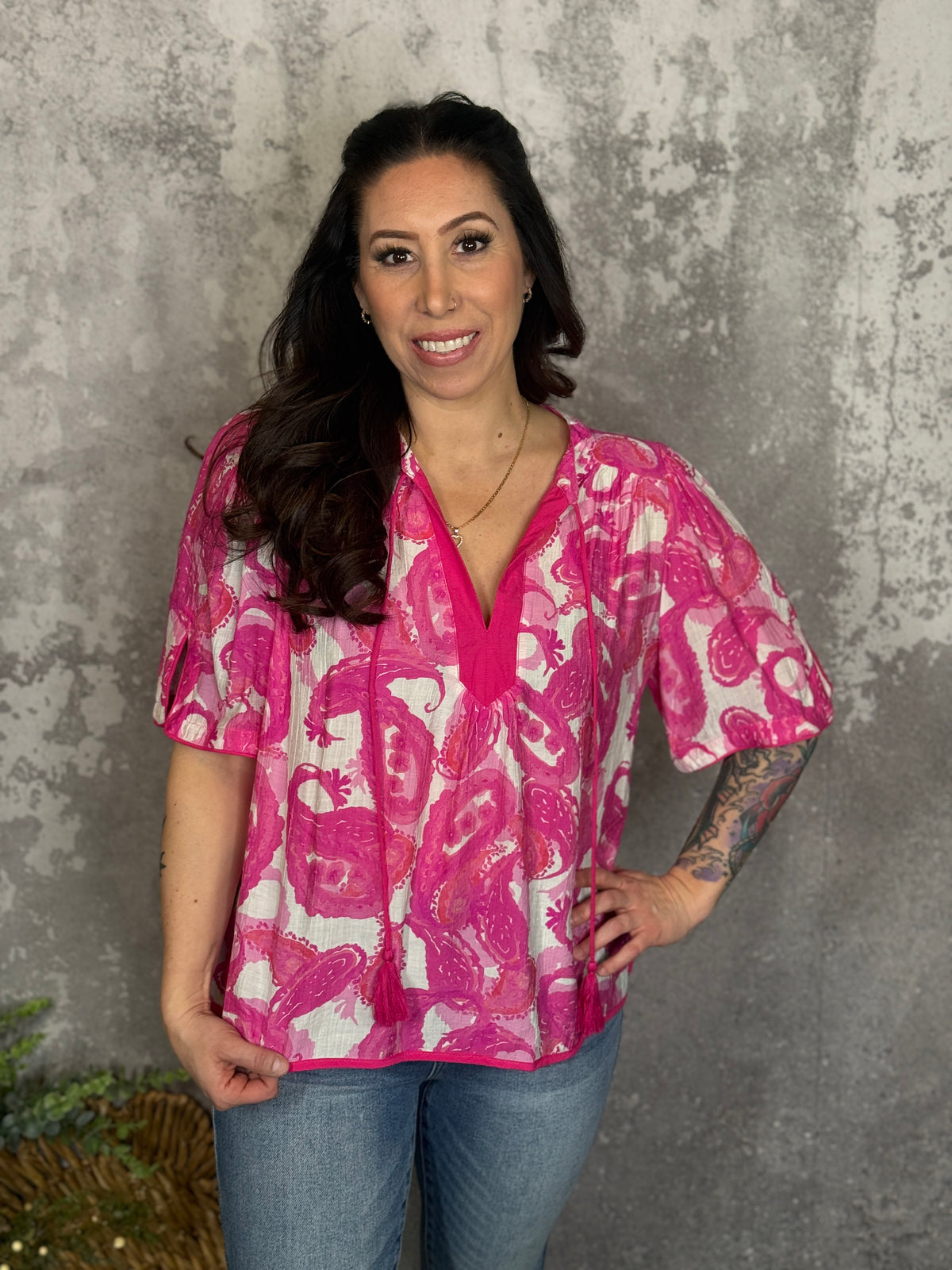 Pink Watercolor Paisly Top (Small - 2X)