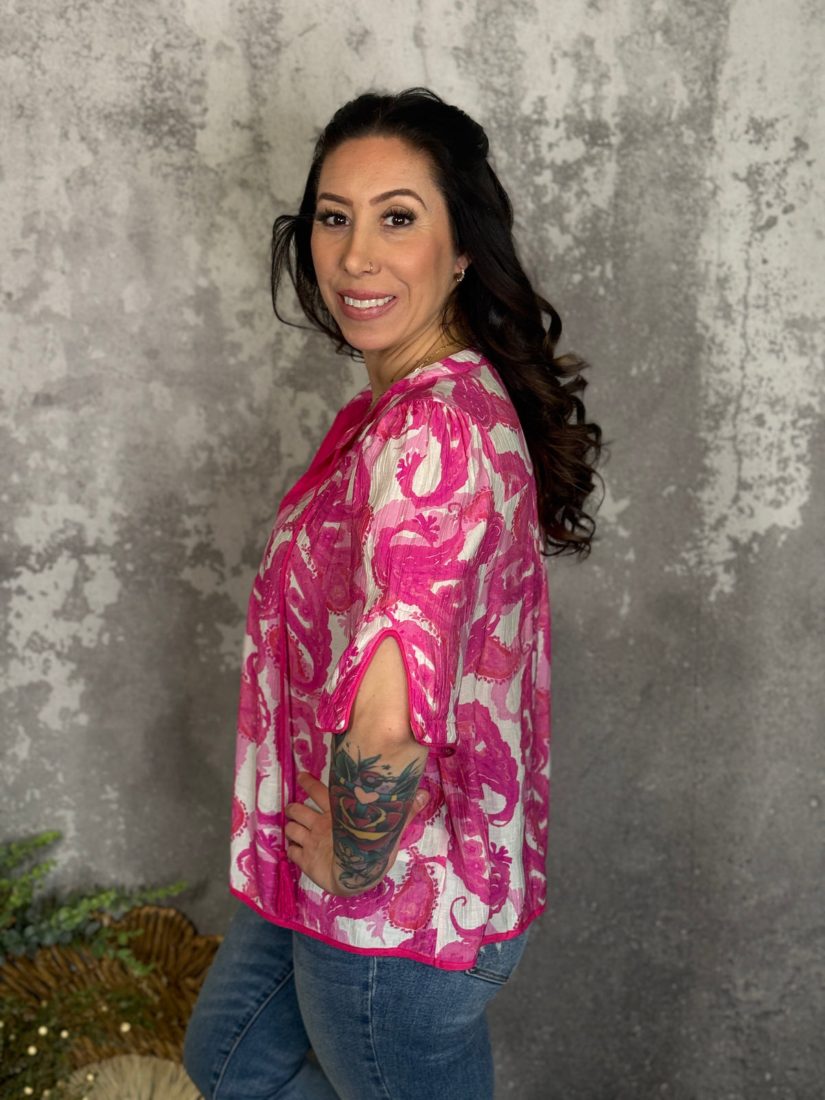 Pink Watercolor Paisly Top (Small - 2X)