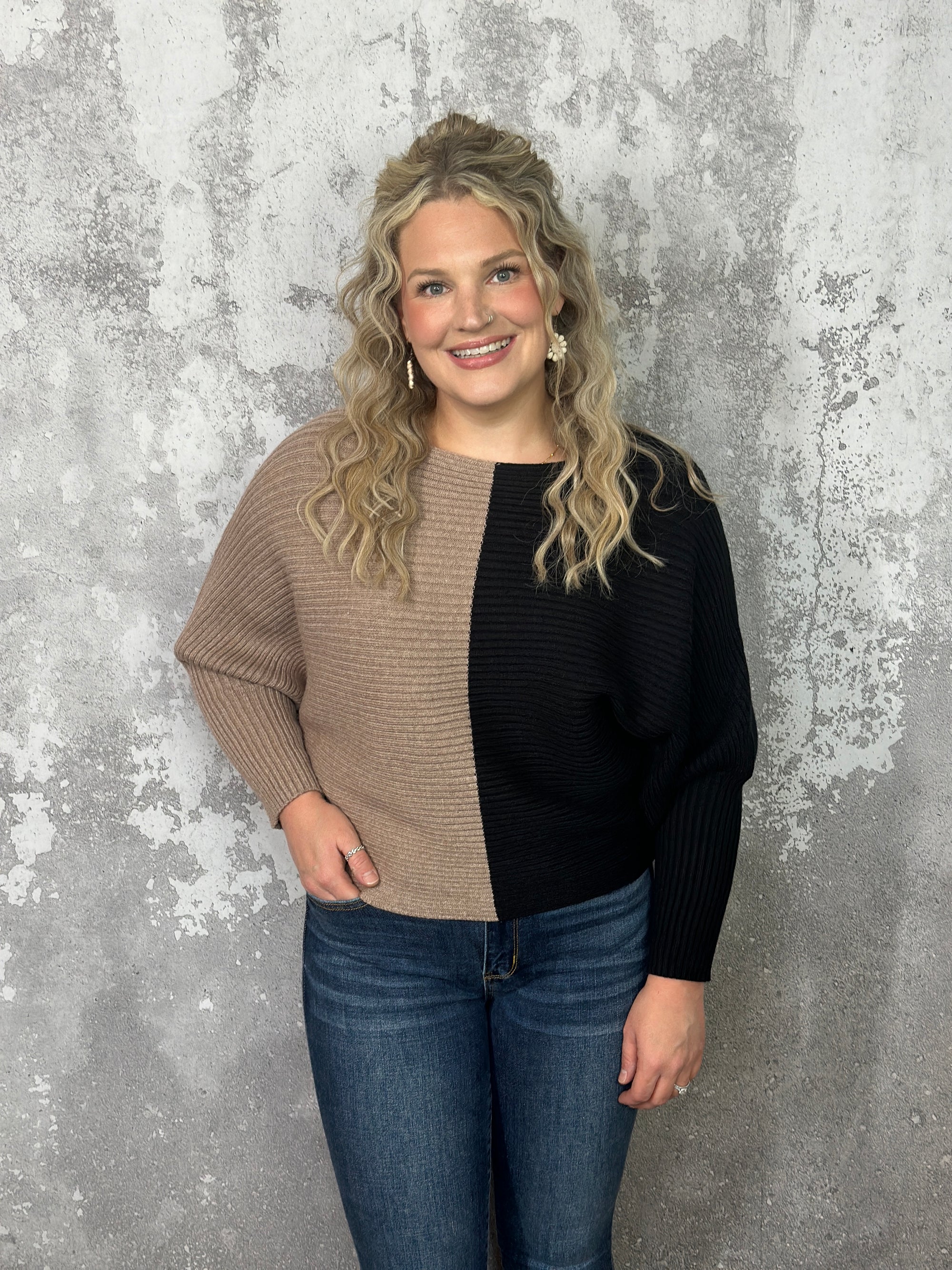 Ribbed Colorblock Dolman Sweater