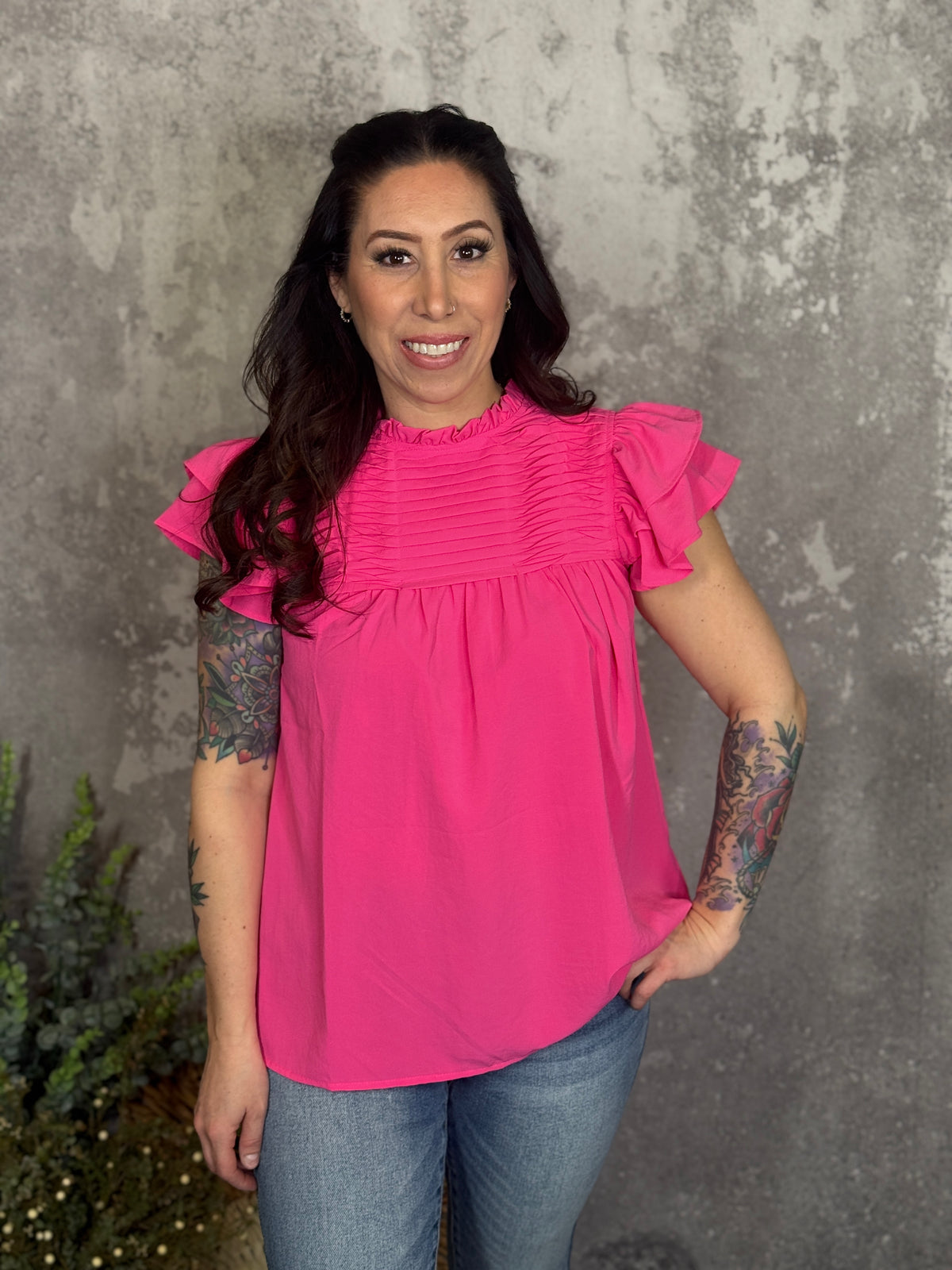 Pink Pleated Ruffle Top