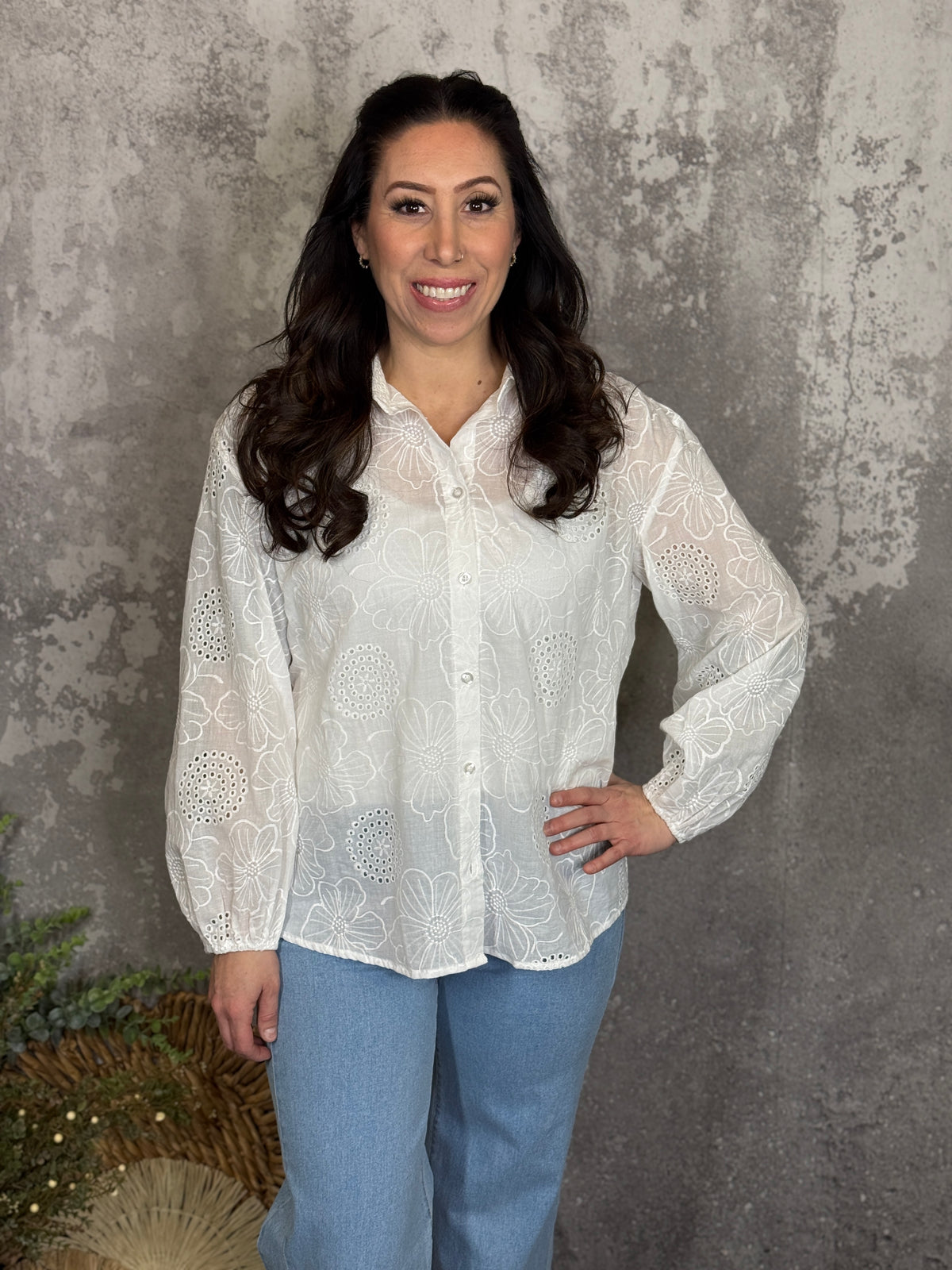 White Floral Embroidered Laser Cut Blouse  - (Small - 3X)