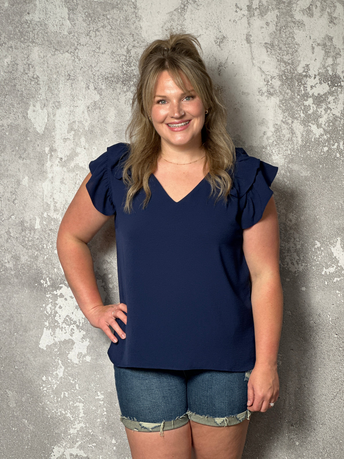 The Olivia Ruffle Top - Navy