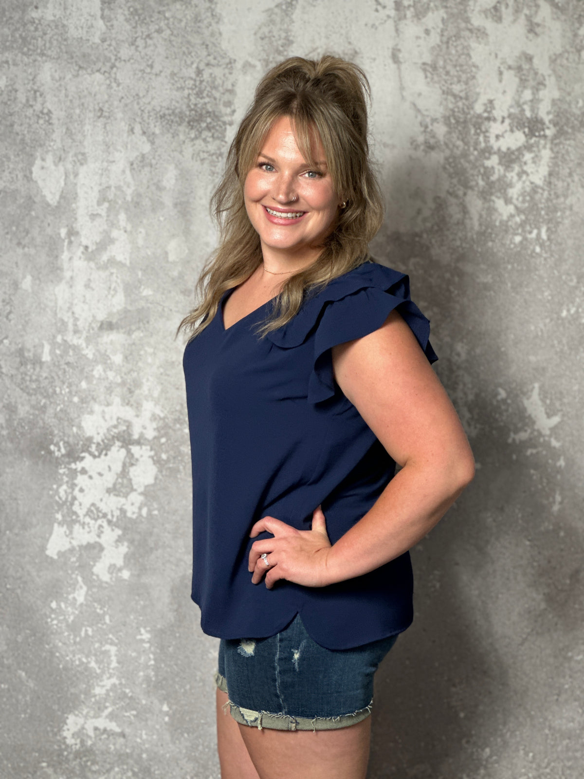 The Olivia Ruffle Top - Navy