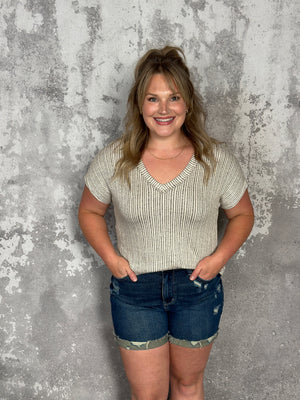 Ribbed Two Tone Vneck Knit Tee- FINAL SALE