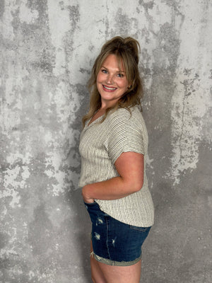 Ribbed Two Tone Vneck Knit Tee- FINAL SALE