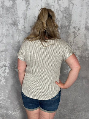 Ribbed Two Tone Vneck Knit Tee- FINAL SALE
