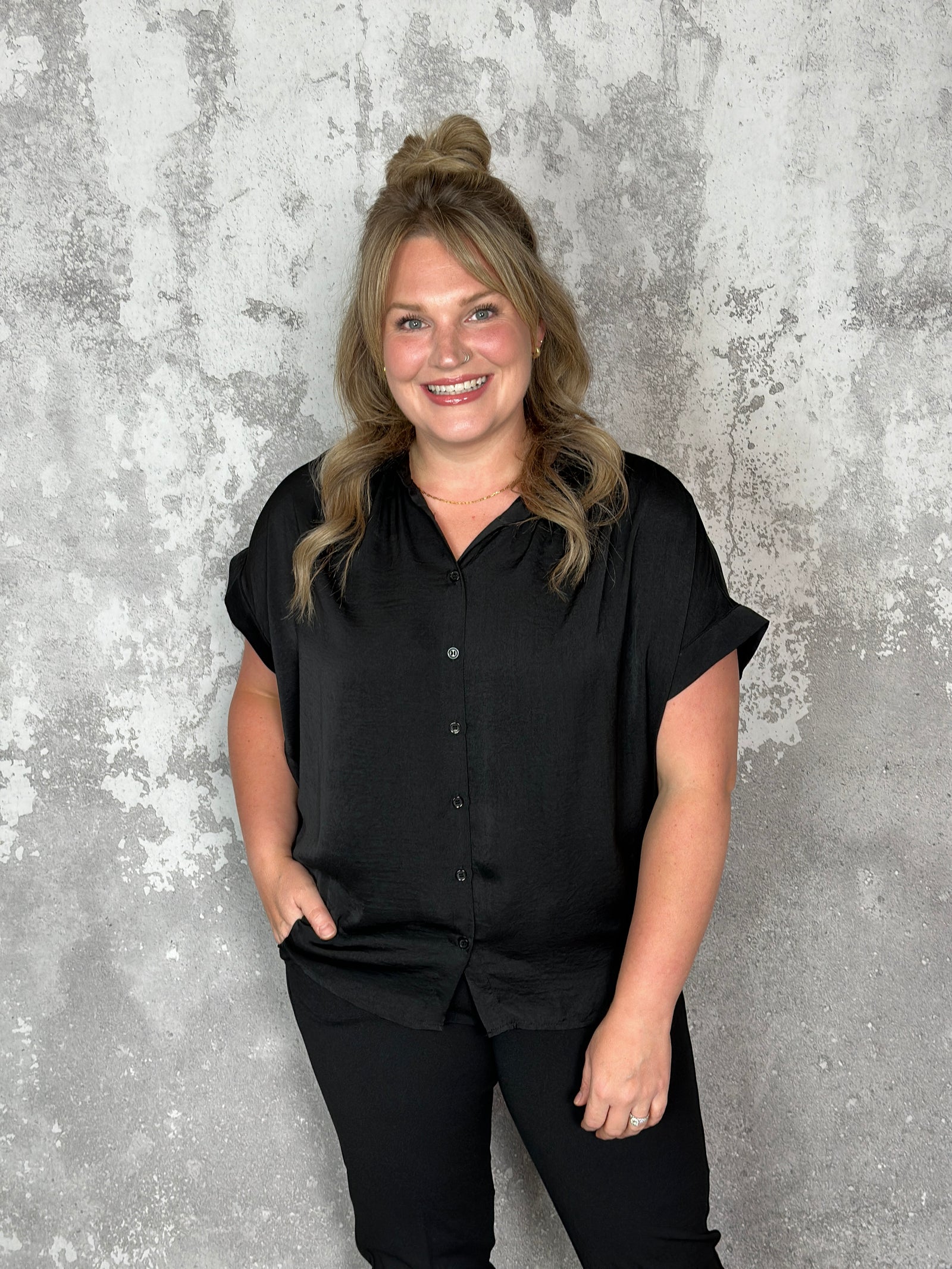 Short Sleeve Button Up Satin Like Top  - Black (Small - 3X) - FINAL SALE