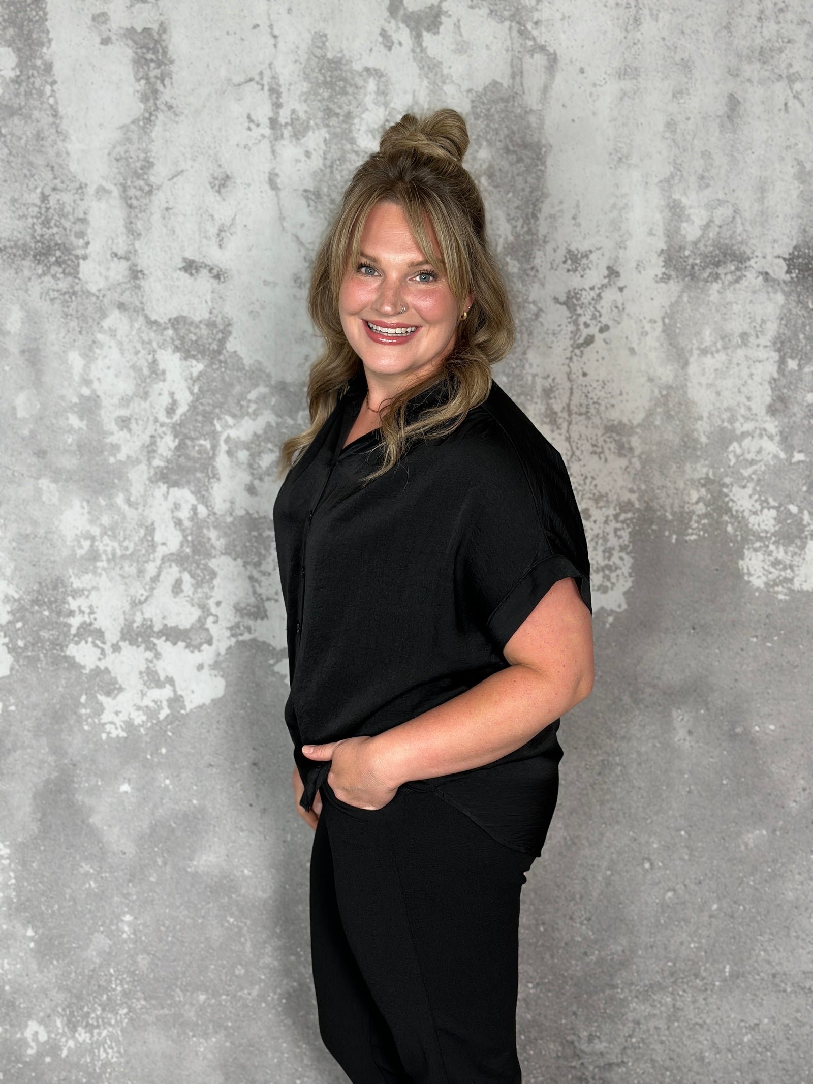 Short Sleeve Button Up Satin Like Top  - Black (Small - 3X) - FINAL SALE