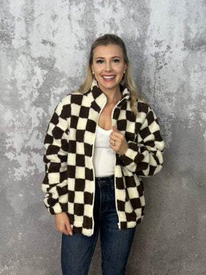 Brown Sherpa Checker Full Zip Jacket