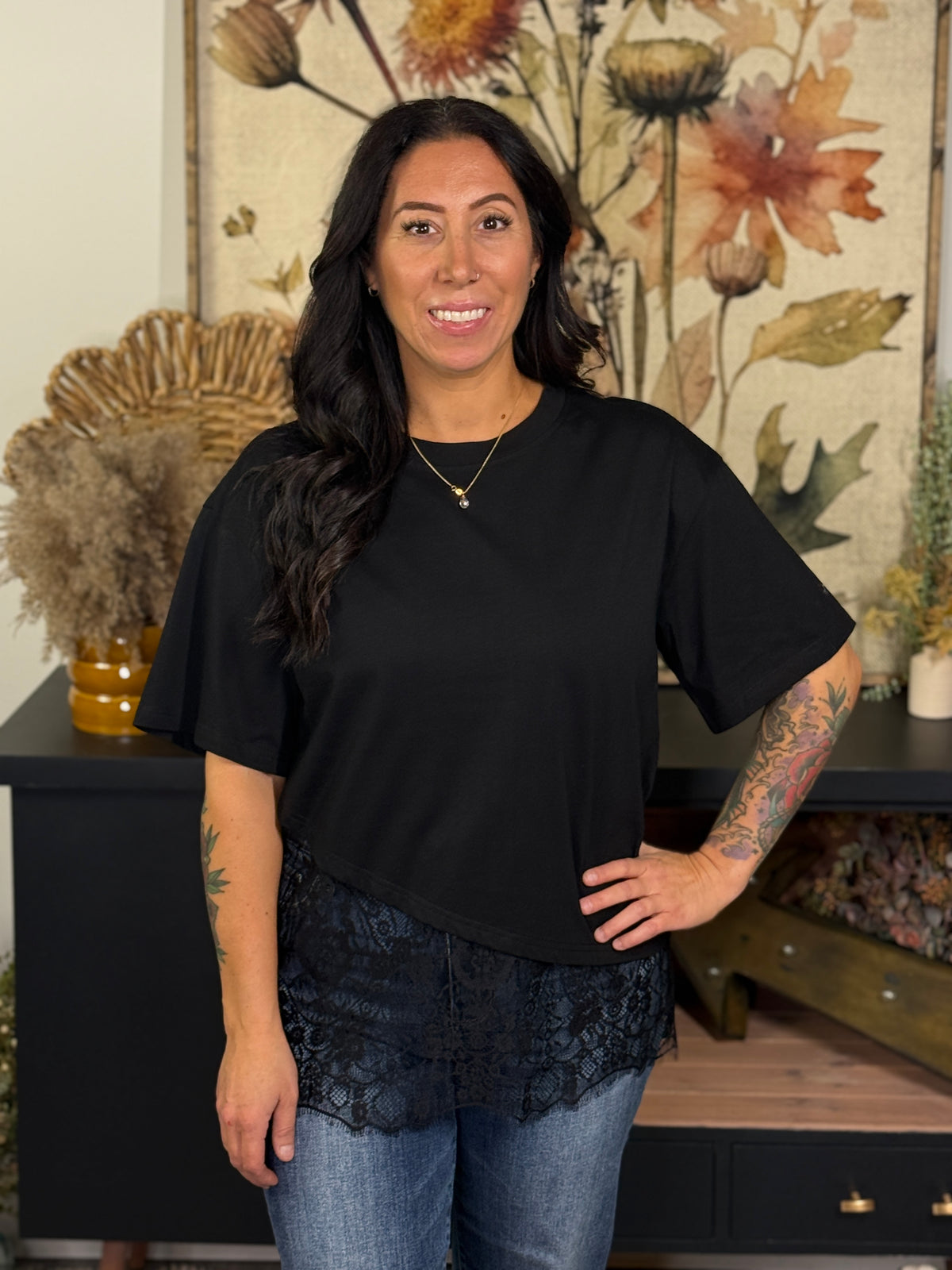 Asymmetrical Lace Tee  - Black