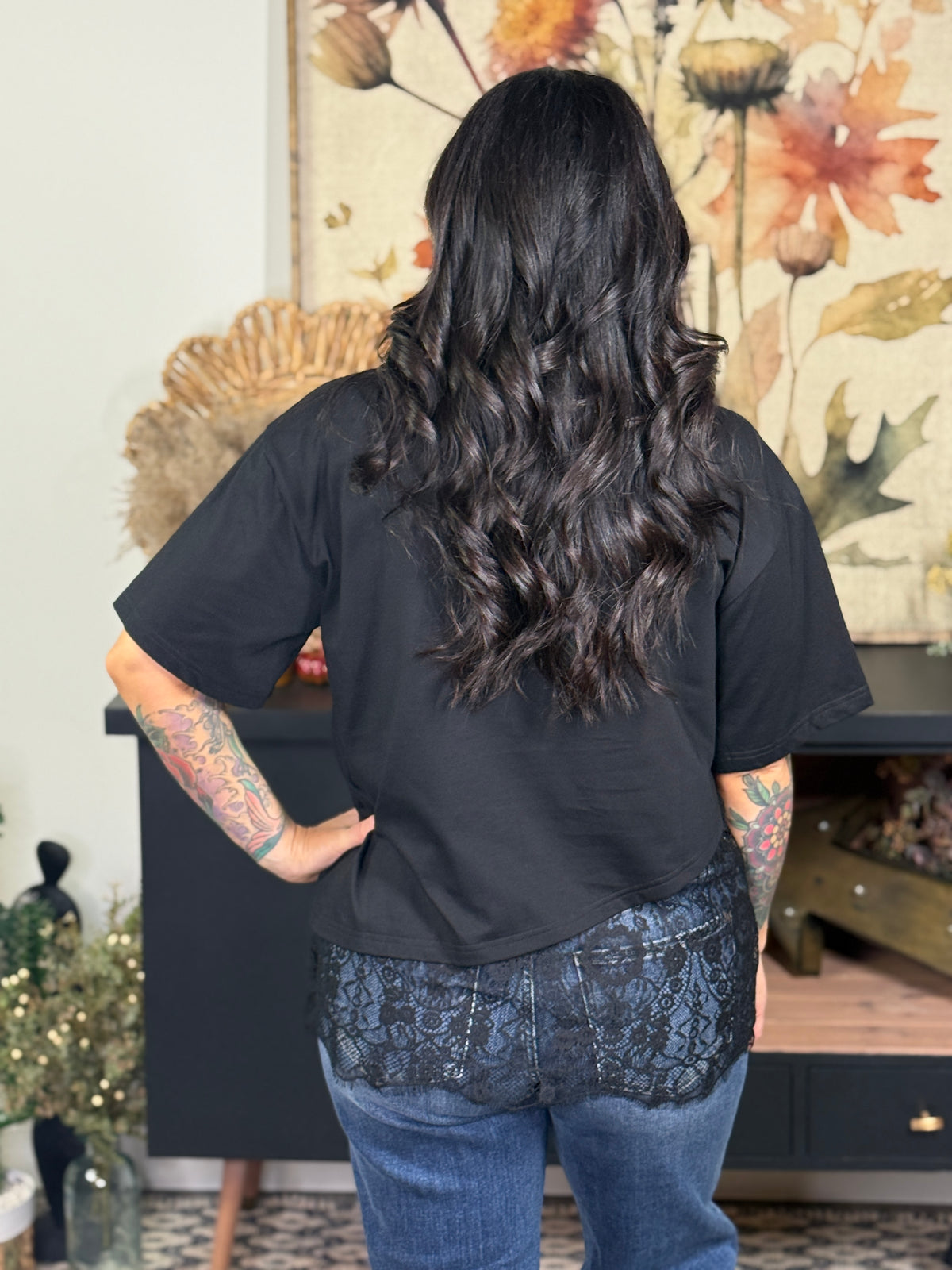 Asymmetrical Lace Tee  - Black