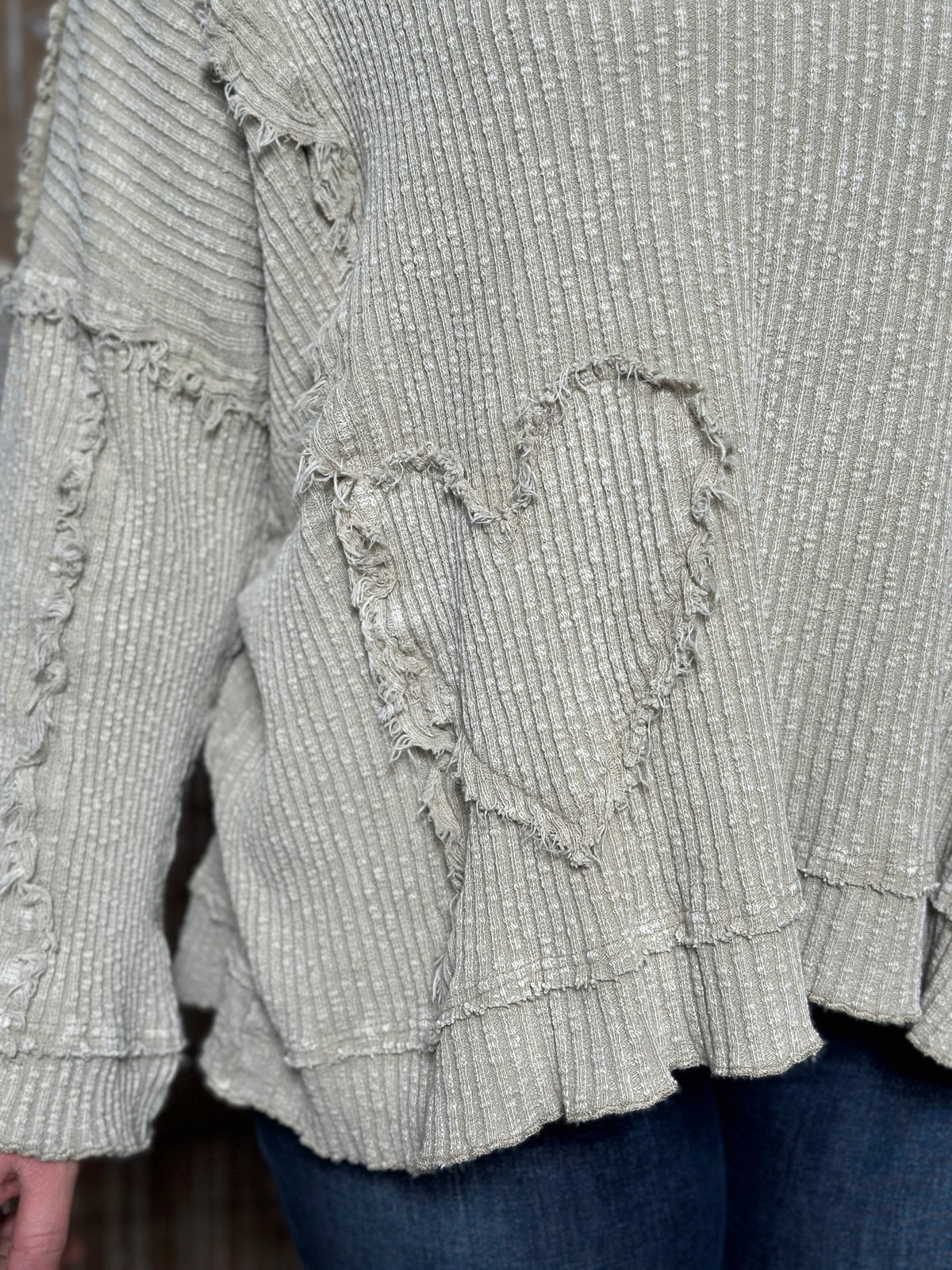 Reverse Hem Taupe Heart Vneck Top  (Small - 3X)