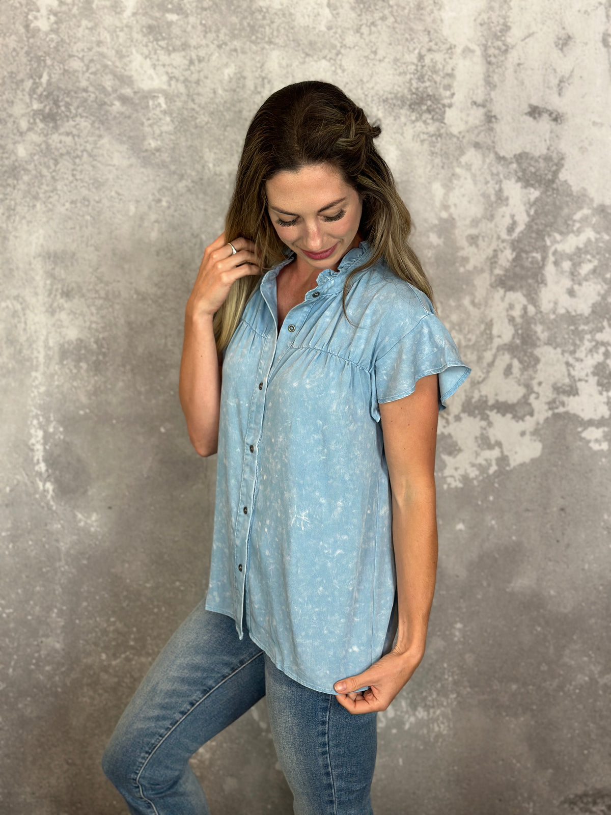 Distressed Chambray Denim Top