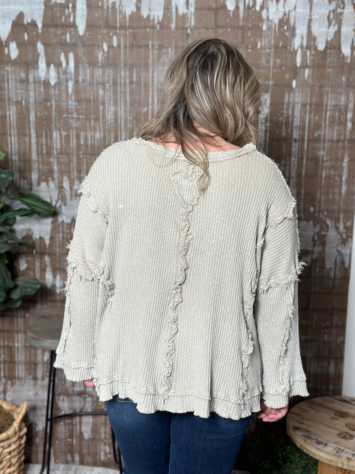 Reverse Hem Taupe Heart Vneck Top  (Small - 3X)